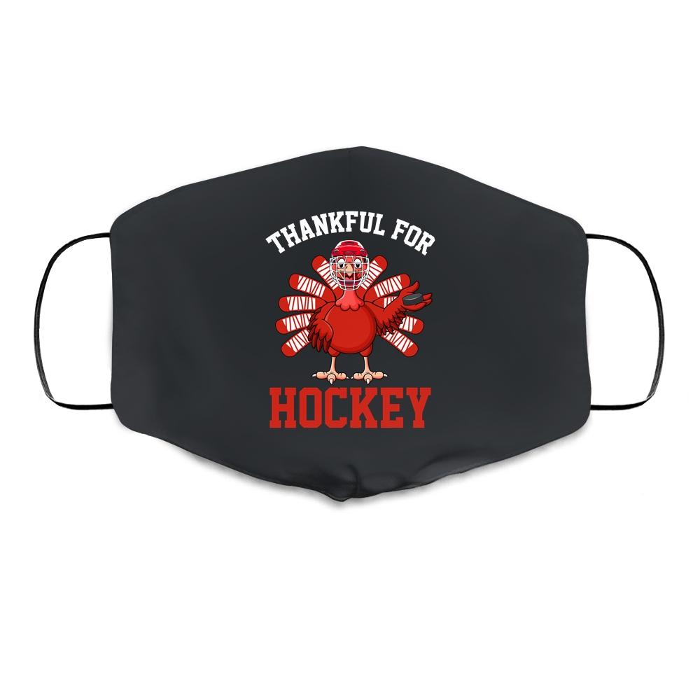 Thankful For Hockey Turkey Thanksgiving Cloth Face Mask-Cloth Face Mask-Cloth Face Mask-Black