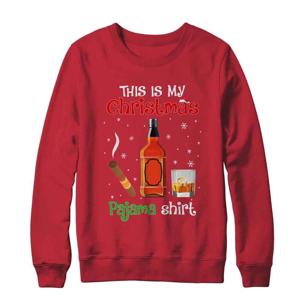 This Is My Christmas Pajama Bourbon Cigar Drinking Funny-T-Shirt & Sweatshirt-Crewneck Sweatshirt-Red