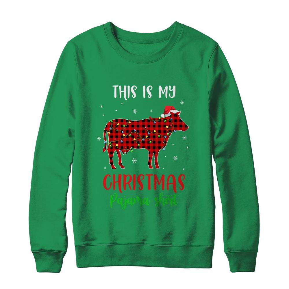 This Is My Christmas Pajama Shirt Cow Red Plaid-T-Shirt & Sweatshirt-Crewneck Sweatshirt-Irish Green
