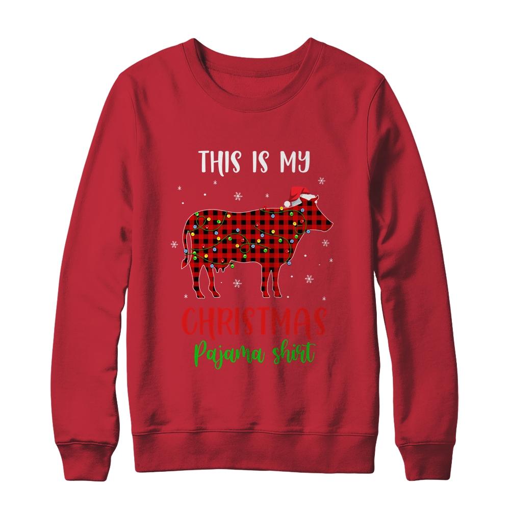 This Is My Christmas Pajama Shirt Cow Red Plaid-T-Shirt & Sweatshirt-Crewneck Sweatshirt-Red