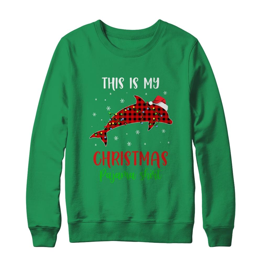 This Is My Christmas Pajama Shirt Dolphin Red Plaid-T-Shirt & Sweatshirt-Crewneck Sweatshirt-Irish Green