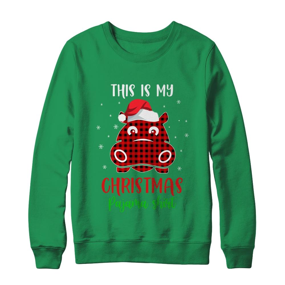 This Is My Christmas Pajama Shirt Hippopotamus Red Plaid-T-Shirt & Sweatshirt-Crewneck Sweatshirt-Irish Green