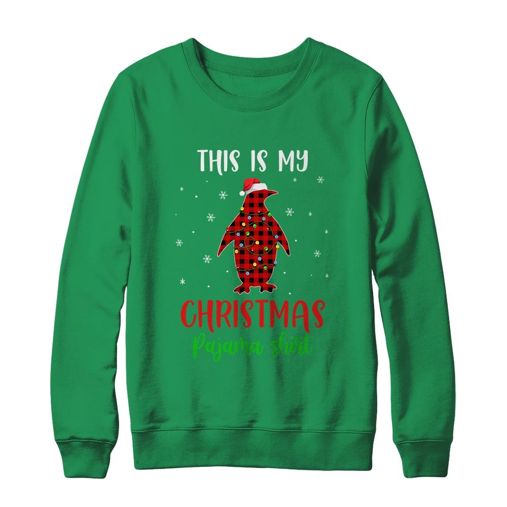This Is My Christmas Pajama Shirt Penguin Red Plaid-T-Shirt & Sweatshirt-Crewneck Sweatshirt-Irish Green
