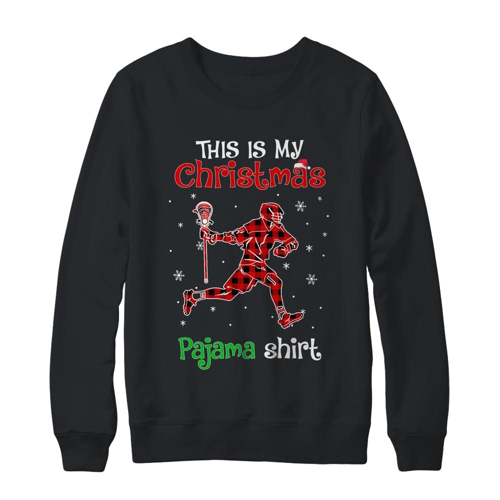 This Is My Christmas Pajama Shirt Red Plaid Lacrosse-T-Shirt & Sweatshirt-Crewneck Sweatshirt-Black