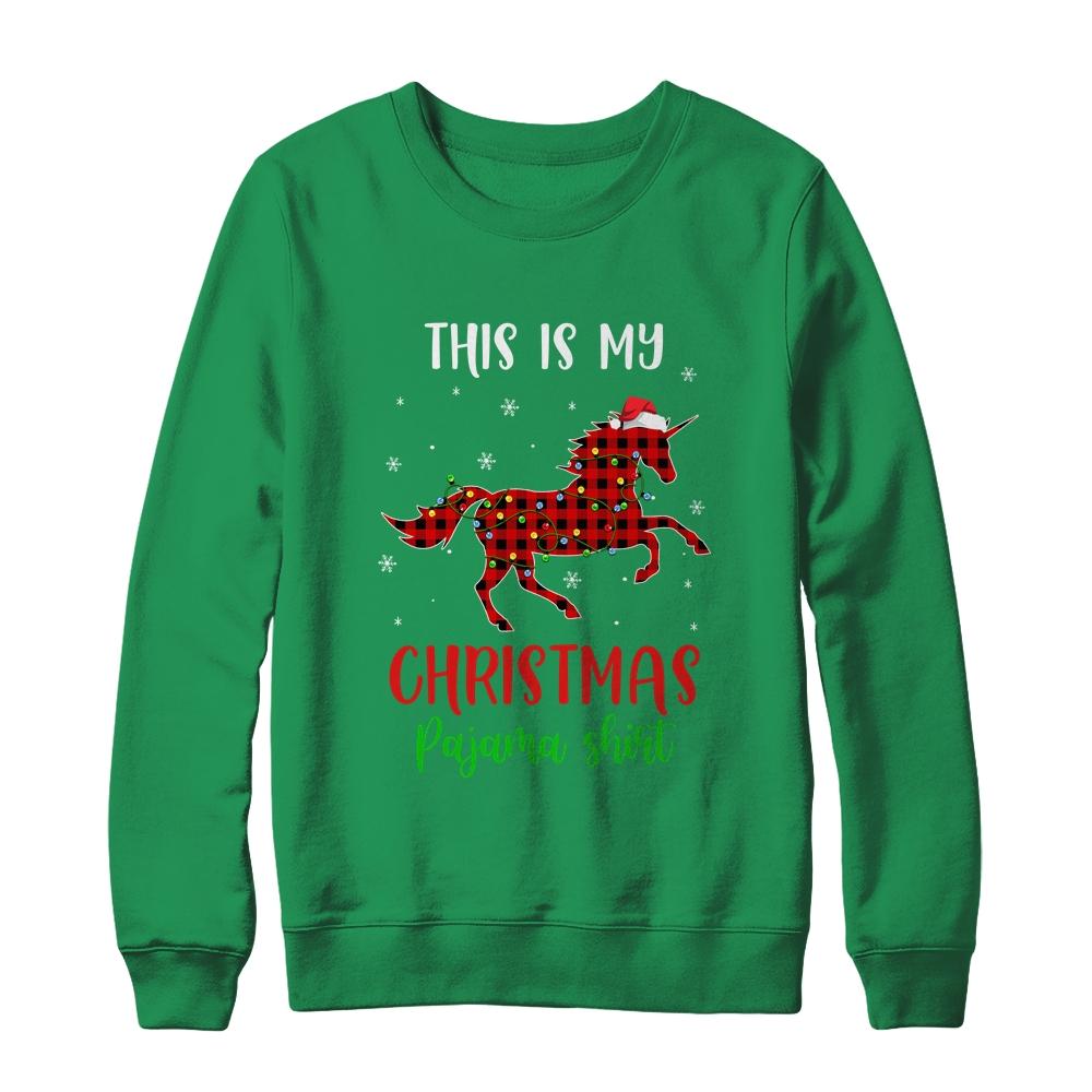 This Is My Christmas Pajama Shirt Unicorn Red Plaid-T-Shirt & Sweatshirt-Crewneck Sweatshirt-Irish Green