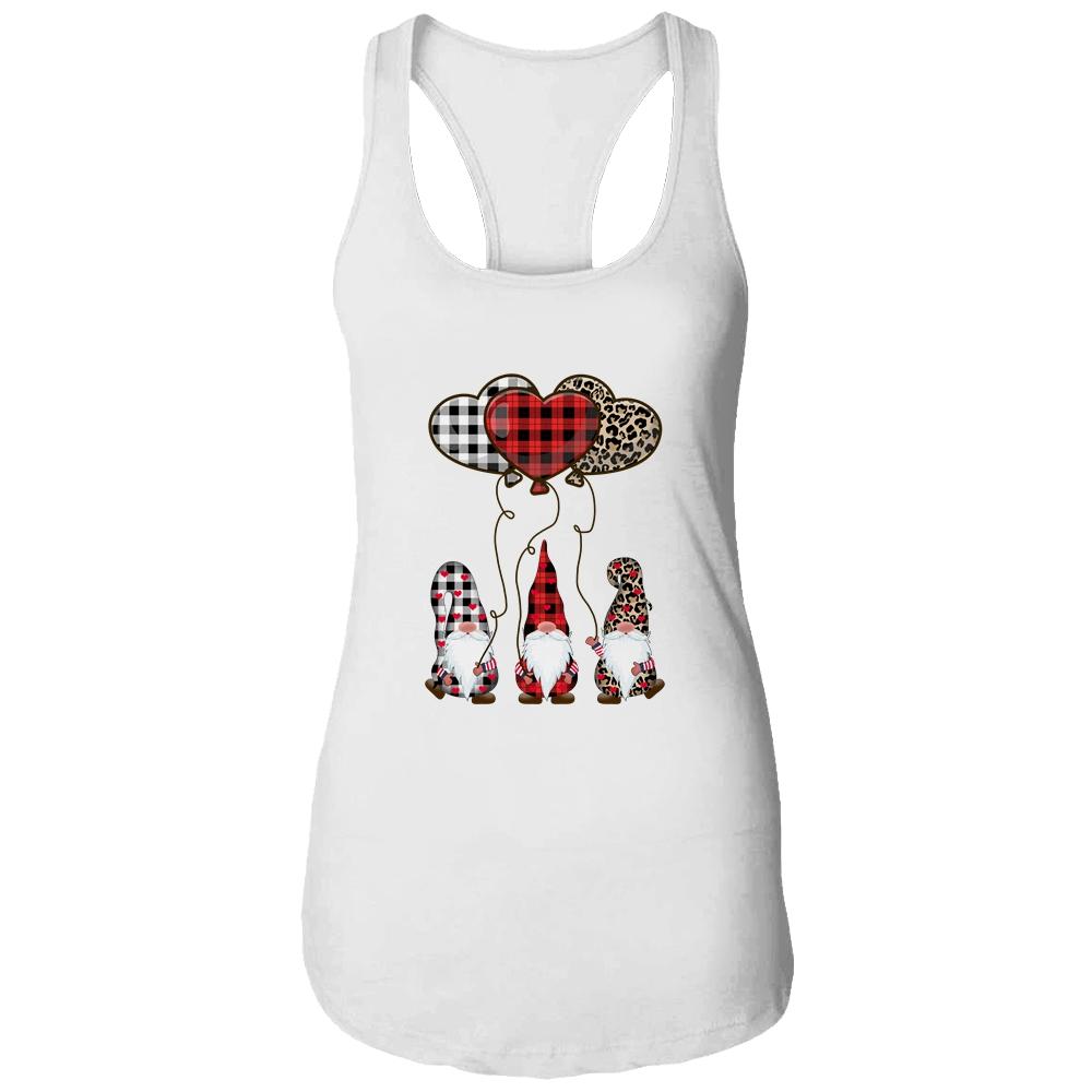 Three Gnomes Balloon Hearts Buffalo Plaid Leopard Valentines-T-Shirt & Tank Top-Women's Ideal Racerback Tank-White