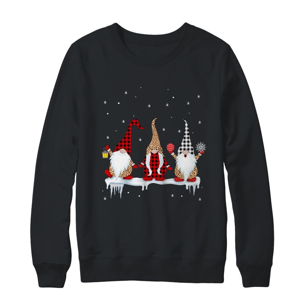 Three Gnomes In Leopard Printed Buffalo Plaid Christmas Gift-T-Shirt & Sweatshirt-Crewneck Sweatshirt-Black
