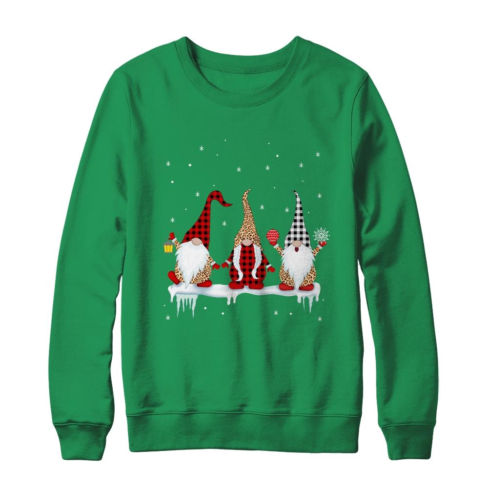 Three Gnomes In Leopard Printed Buffalo Plaid Christmas Gift-T-Shirt & Sweatshirt-Crewneck Sweatshirt-Irish Green