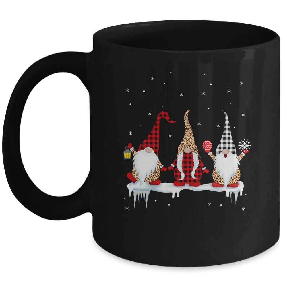 Three Gnomes In Leopard Printed Buffalo Plaid Christmas Gift Mug-Coffee Mug-Mug-Black