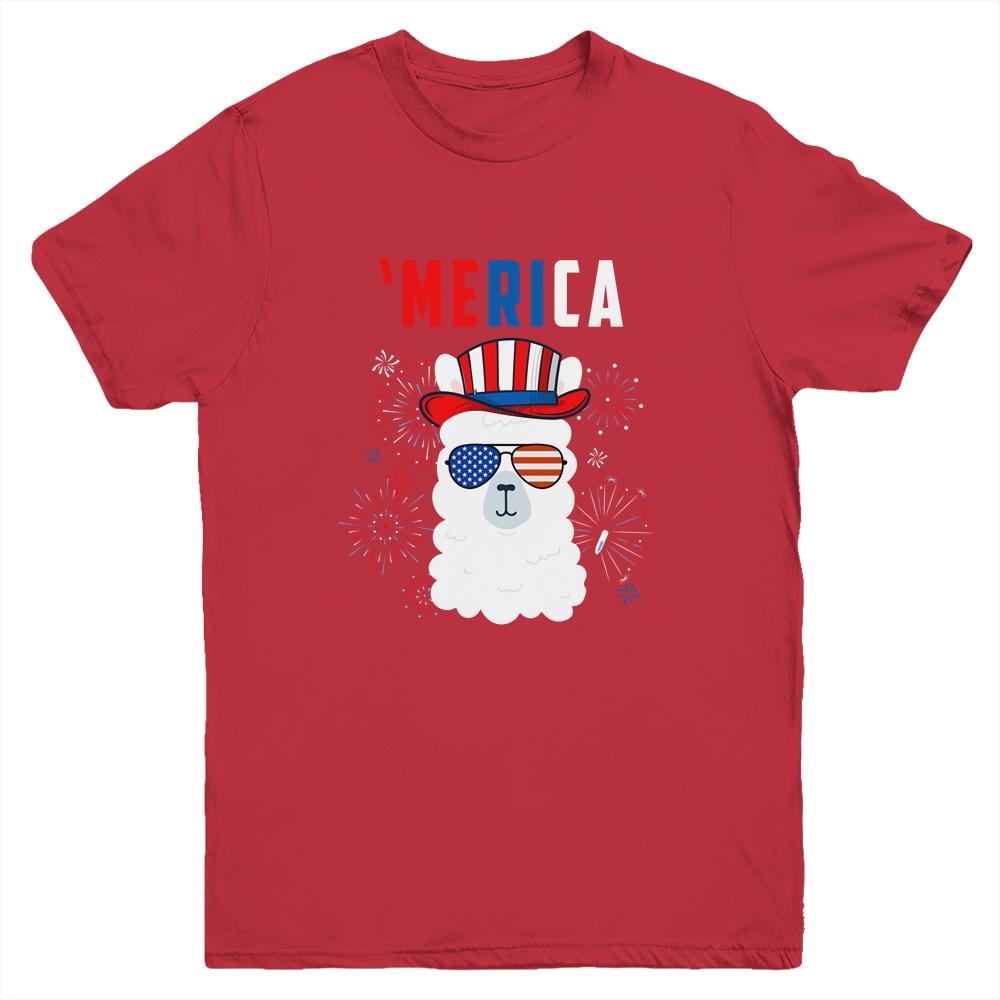 USA Patriotic American Llama July 4th Alpaca Youth-Youth Shirt-Youth T-Shirt-Red