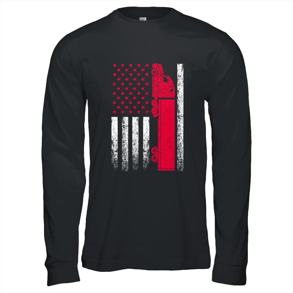 US American Flag Semi Truck Driver 18 Wheeler Trucker Gift-T-Shirt & Hoodie-Long Sleeve T-Shirt-Black