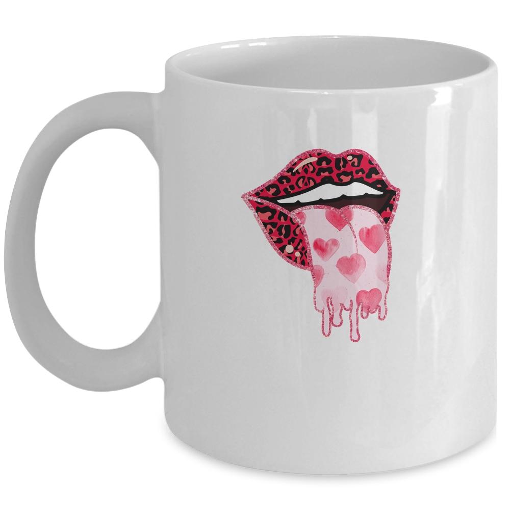 Valentine's Day Lip Tongue Out Leopard Lips Heart Tongue Mug-Coffee Mug-Mug-White