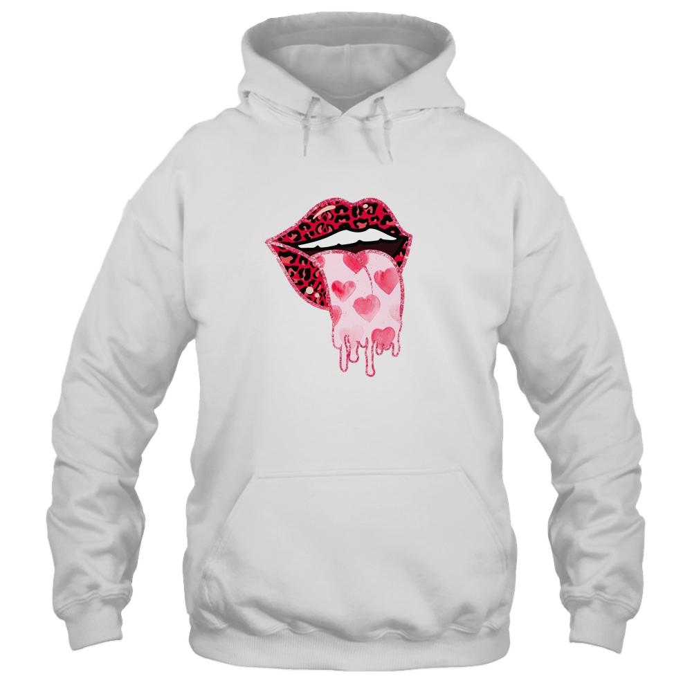 Valentine's Day Lip Tongue Out Leopard Lips Heart Tongue-T-Shirt & Tank Top-Pullover Hoodie-White