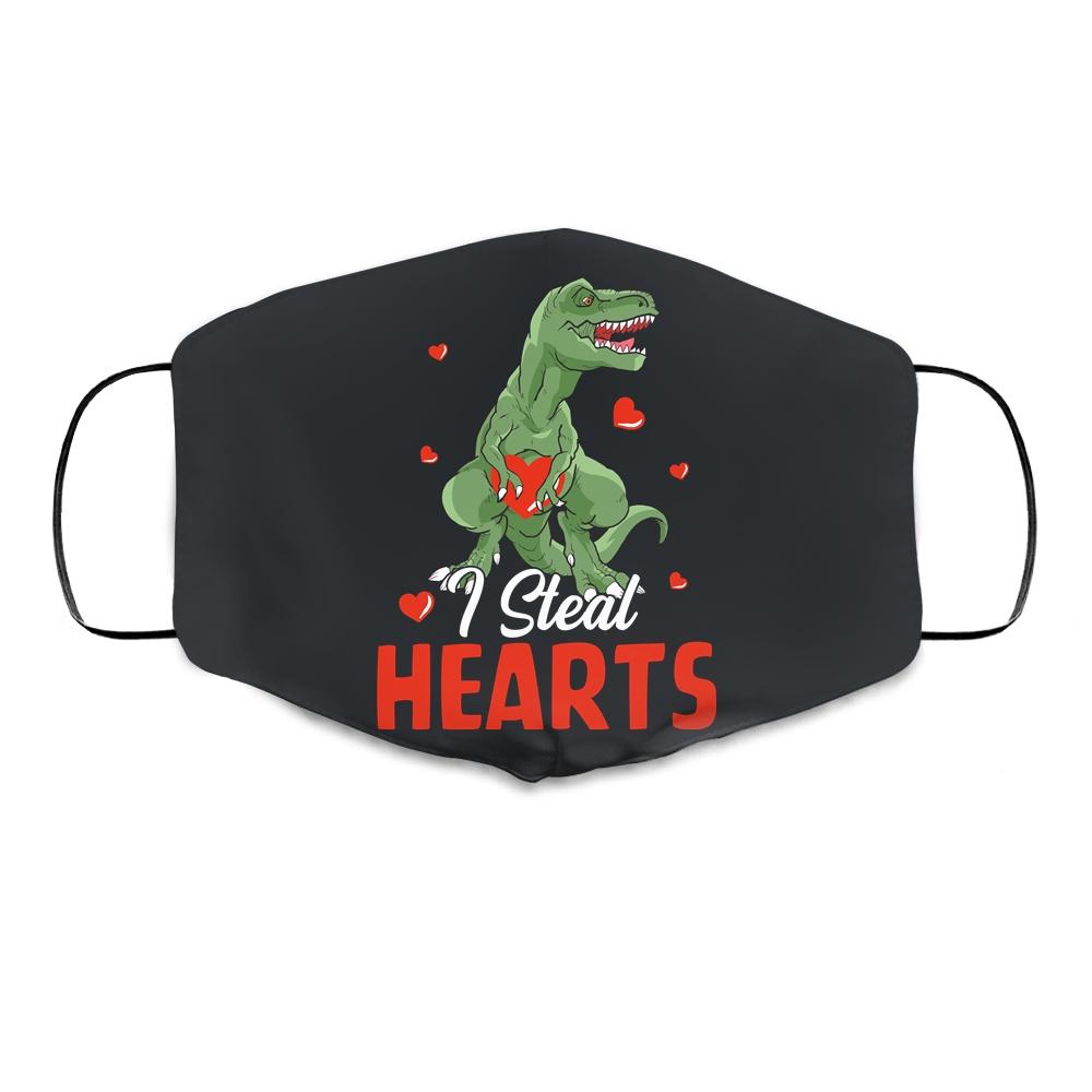 Valentines Day Dinosaur I Steal Hearts T-Rex Boys Kids Gift Cloth Face Mask