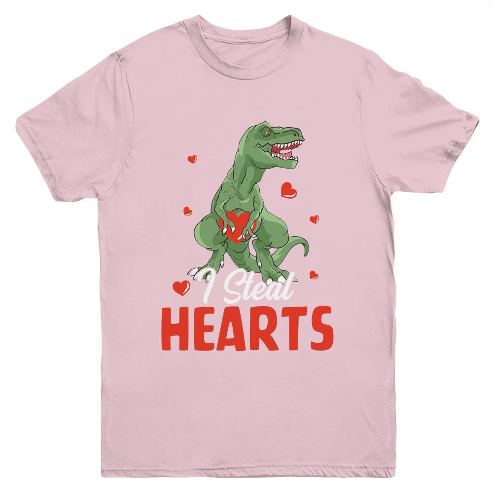 Valentines Day Dinosaur I Steal Hearts T-Rex Boys Kids Gift Youth-Youth Shirt-Youth T-Shirt-Light Pink