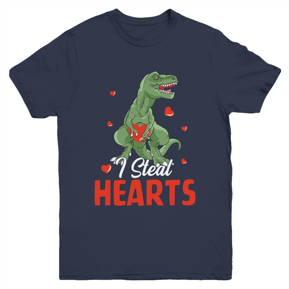 Valentines Day Dinosaur I Steal Hearts T-Rex Boys Kids Gift Youth-Youth Shirt-Youth T-Shirt-Navy