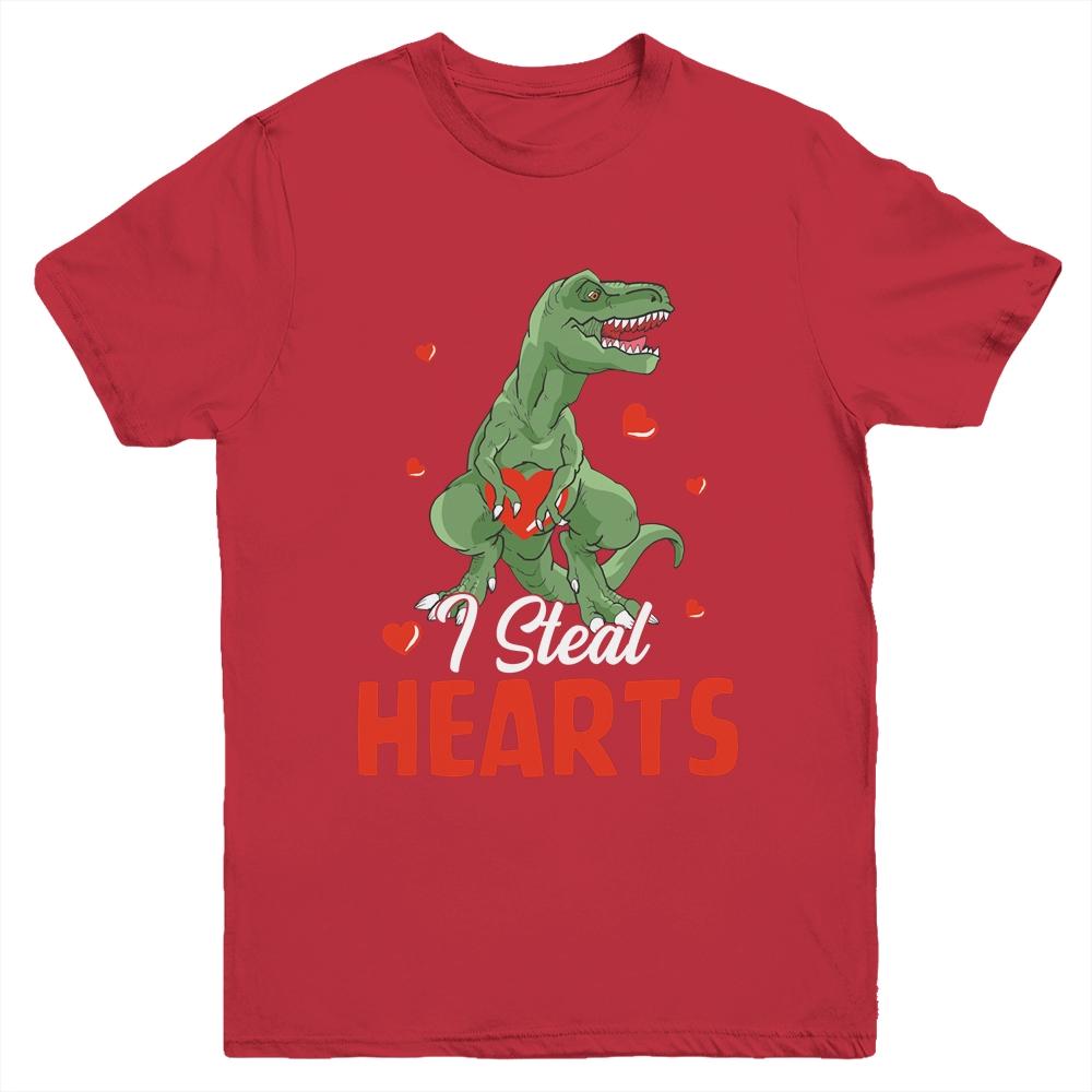 Valentines Day Dinosaur I Steal Hearts T-Rex Boys Kids Gift Youth-Youth Shirt-Youth T-Shirt-Red