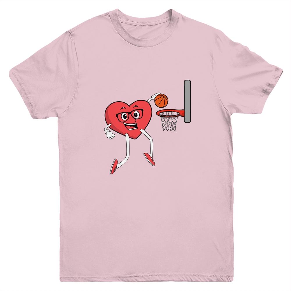 Valentines Day Heart Dunking Basketball Boys Girls Kids Gift Youth-Youth Shirt-Youth T-Shirt-Light Pink