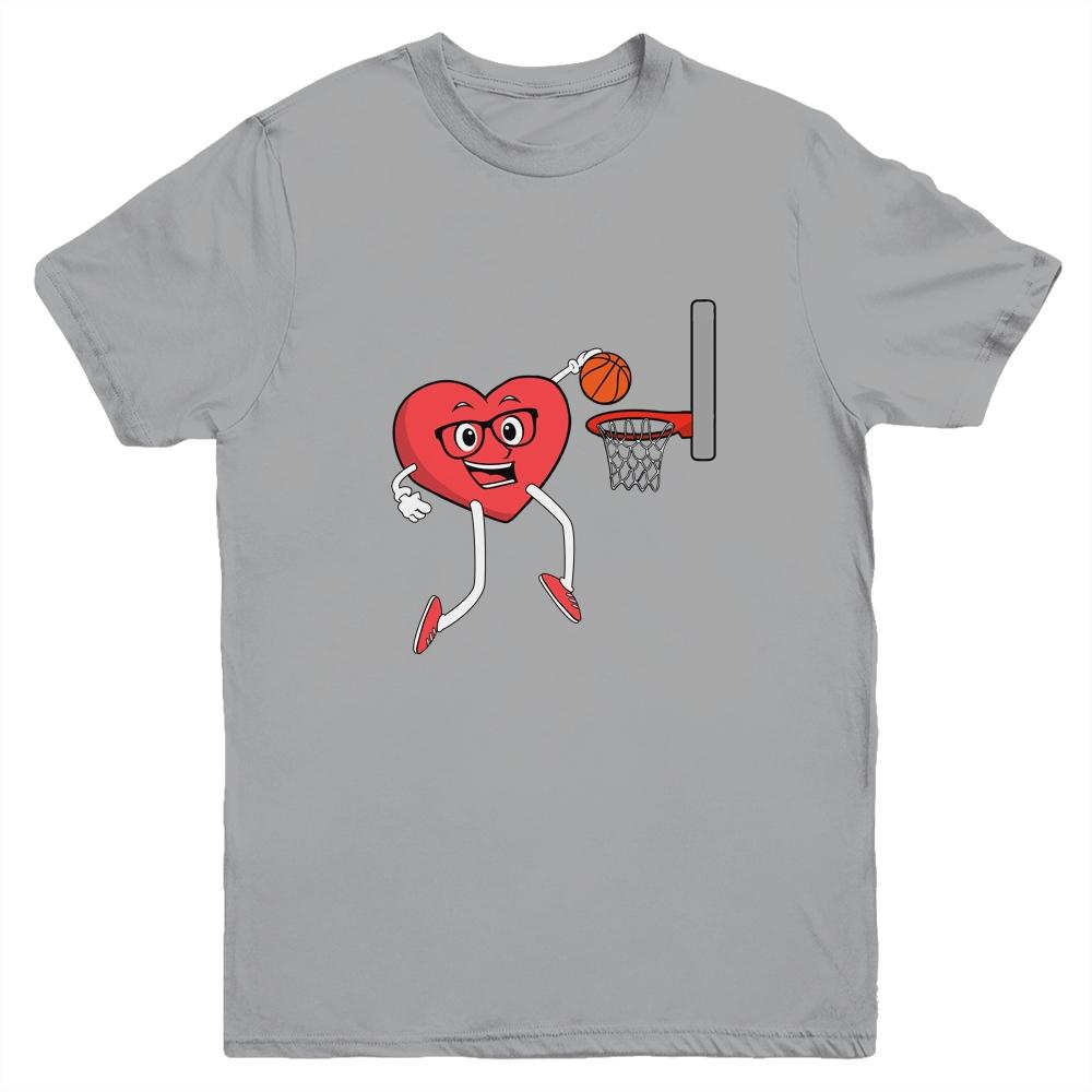 Valentines Day Heart Dunking Basketball Boys Girls Kids Gift Youth-Youth Shirt-Youth T-Shirt-Sport Grey