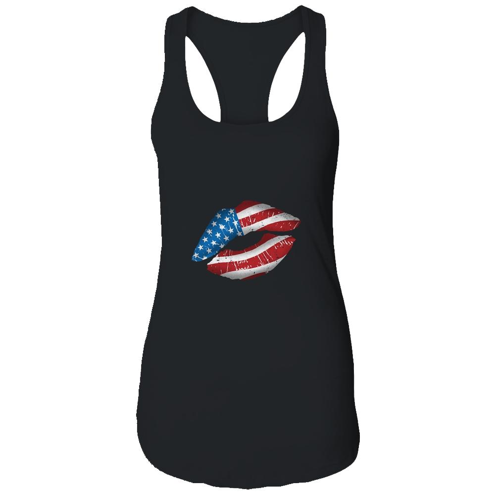 Vintage American Flag Lips 4th Of July Patriotic USA-T-Shirt & Tank Top-Women's Ideal Racerback Tank-Black