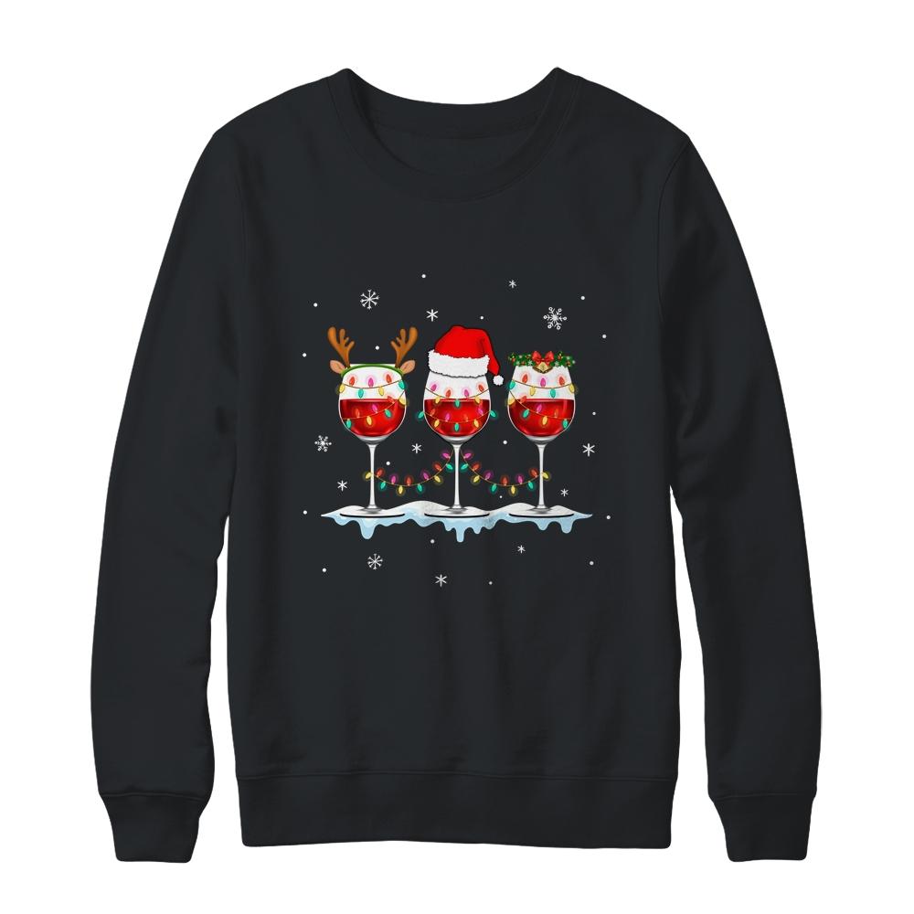 Wine Glass Christmas Santa Hat Reindeer Funny Christmas Gift-T-Shirt & Sweatshirt-Crewneck Sweatshirt-Black
