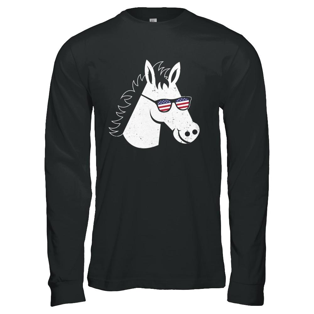 July 4Th Patriotic USA American Flag With Horse-T-Shirt & Hoodie-Long Sleeve T-Shirt-Black
