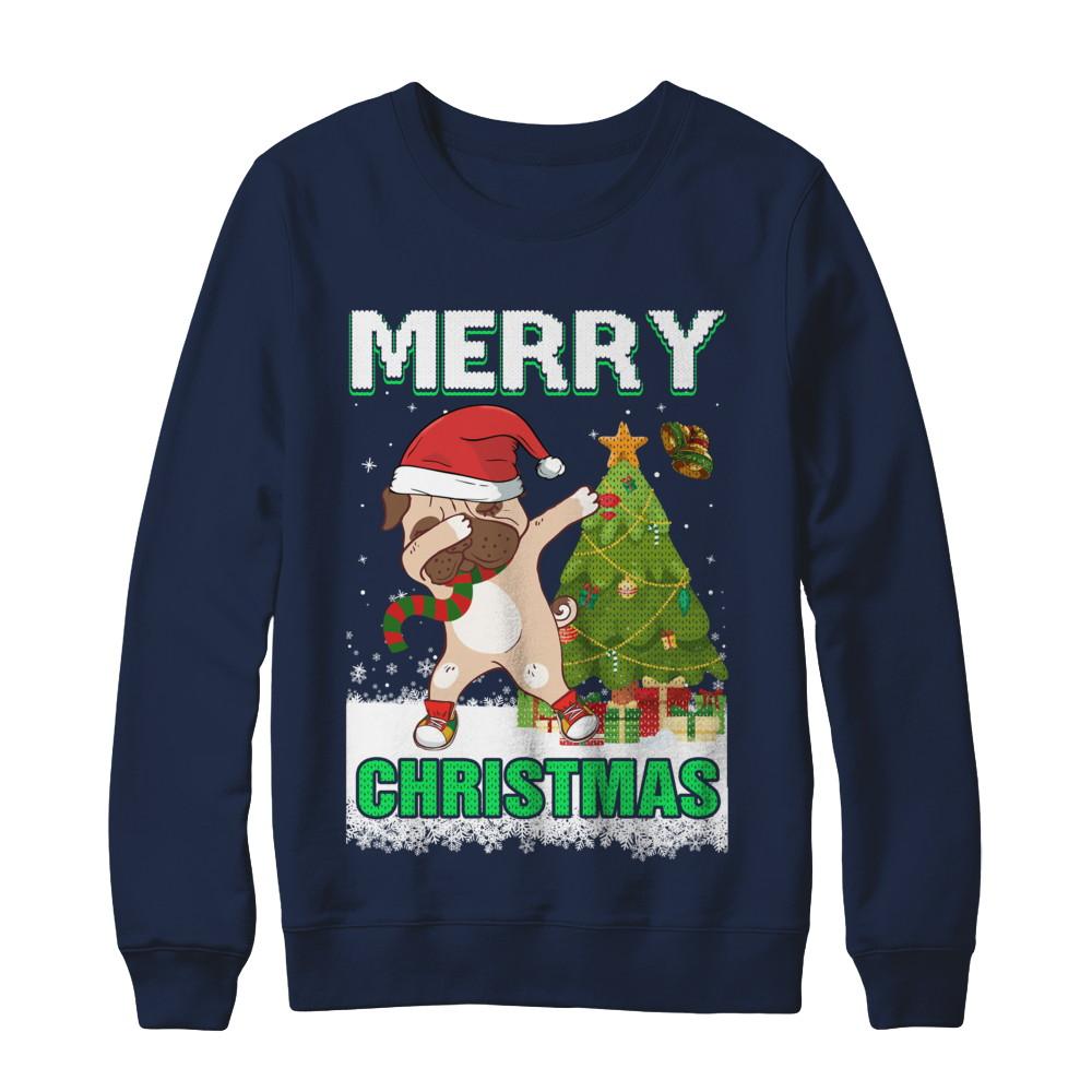Cute Pug Claus Merry Christmas Ugly Sweater-T-Shirt & Sweatshirt-Crewneck Sweatshirt-Navy