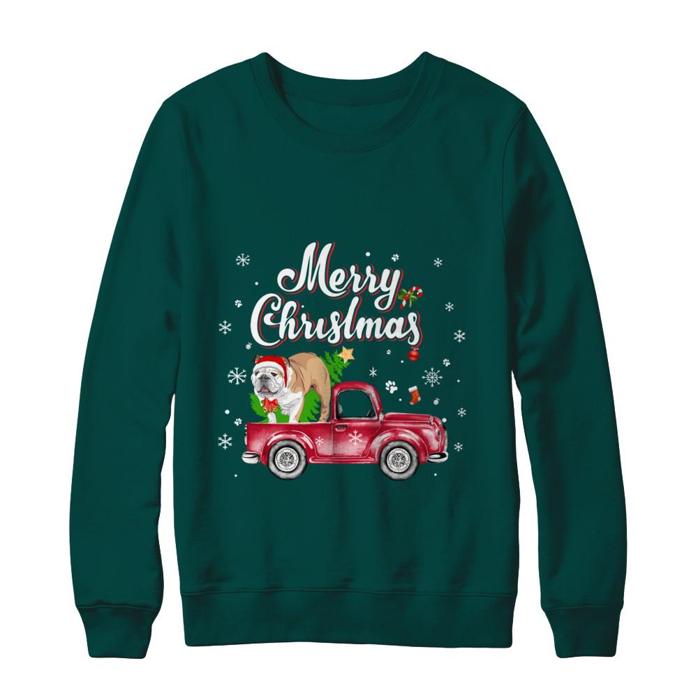Bulldog Retriever Rides Red Truck Christmas Pajama-T-Shirt & Sweatshirt-Crewneck Sweatshirt-Deep Forest