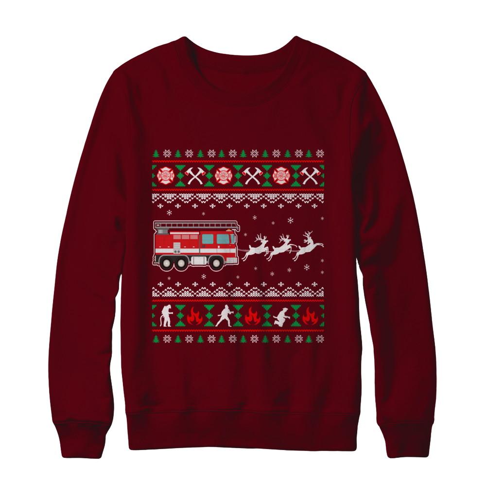 Merry Christmas Firefighter Fireman Ugly Sweater Gift-T-Shirt & Sweatshirt-Crewneck Sweatshirt-Maroon