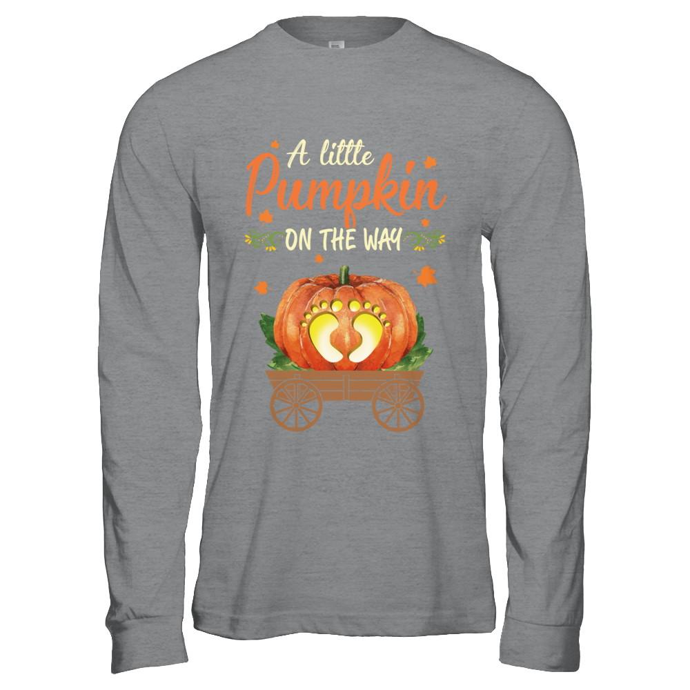 Funny Little Pumpkin On The Way Pregnant Halloween-T-Shirt & Hoodie-Long Sleeve T-Shirt-Sport Grey