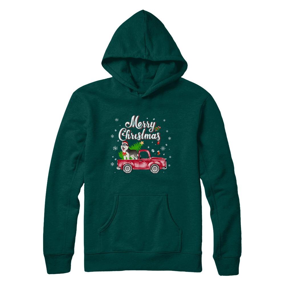 Husky Retriever Rides Red Truck Christmas Pajama-T-Shirt & Sweatshirt-Pullover Hoodie-Deep Forest