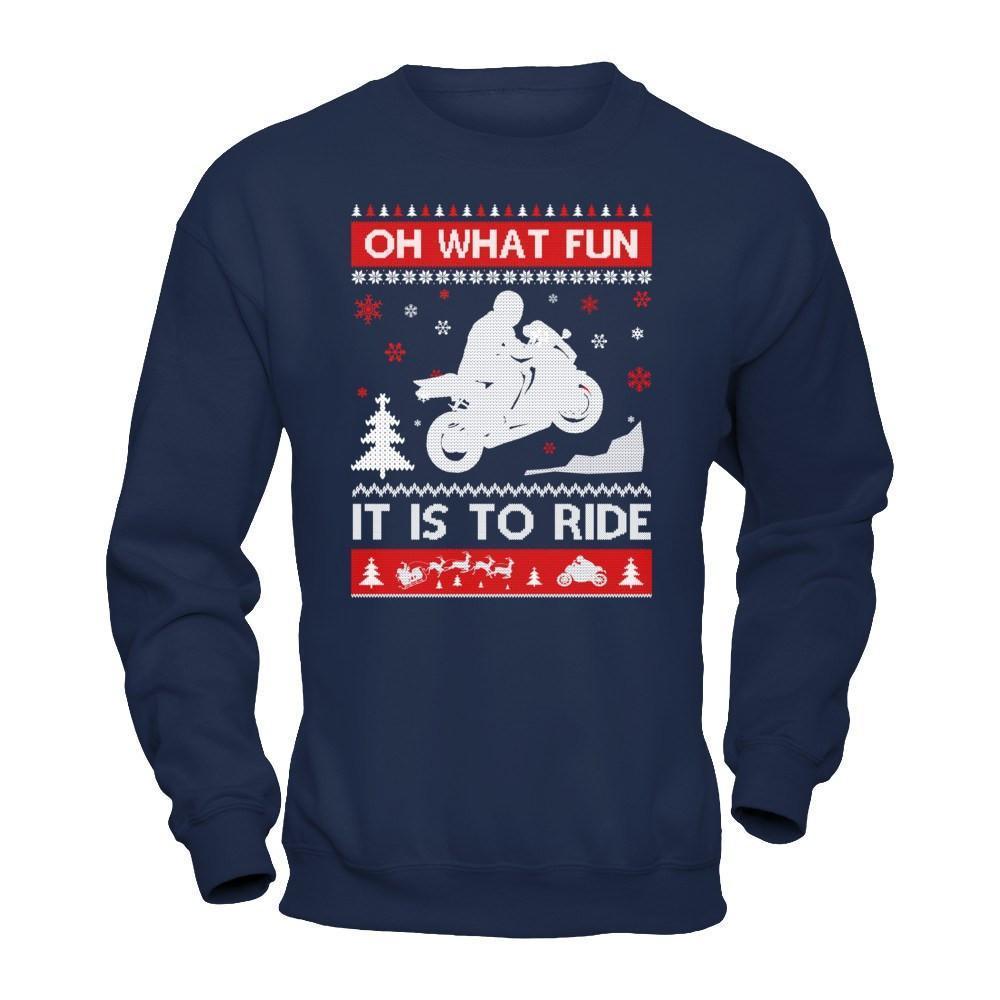 Motorbike Sweater Christmas Oh What Fun It Is To Ride-T-Shirt & Hoodie-Crewneck Sweatshirt-Navy