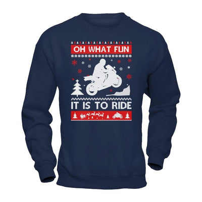 Motorbike Sweater Christmas Oh What Fun It Is To Ride-T-Shirt & Hoodie-Crewneck Sweatshirt-Navy
