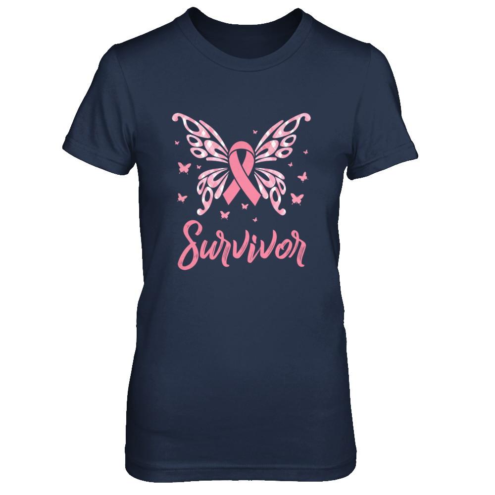 Pink Ribbon Butterfly Breast Cancer Survivor-T-Shirt & Hoodie-Women's T-Shirt-Navy