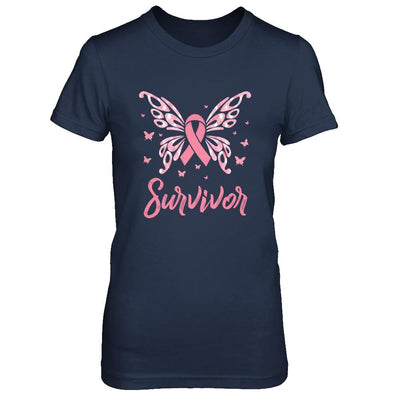 Pink Ribbon Butterfly Breast Cancer Survivor-T-Shirt & Hoodie-Women's T-Shirt-Navy