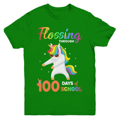 Flossing through 100 Days of School Unicorn Girl Youth-Youth Shirt-Youth T-Shirt-Irish Green