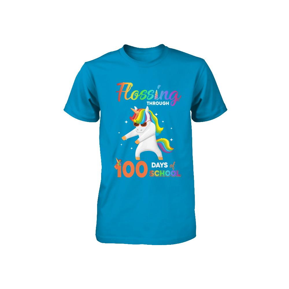 Flossing through 100 Days of School Unicorn Girl Youth-Youth Shirt-