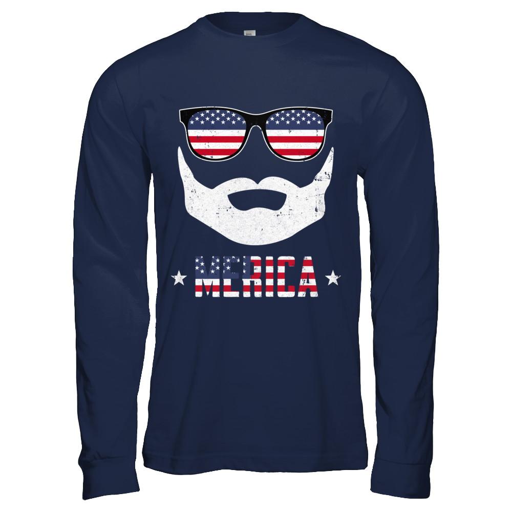 4th of July MERICA America Flag Mustache Dad Bearded-T-Shirt & Hoodie-Long Sleeve T-Shirt-Navy