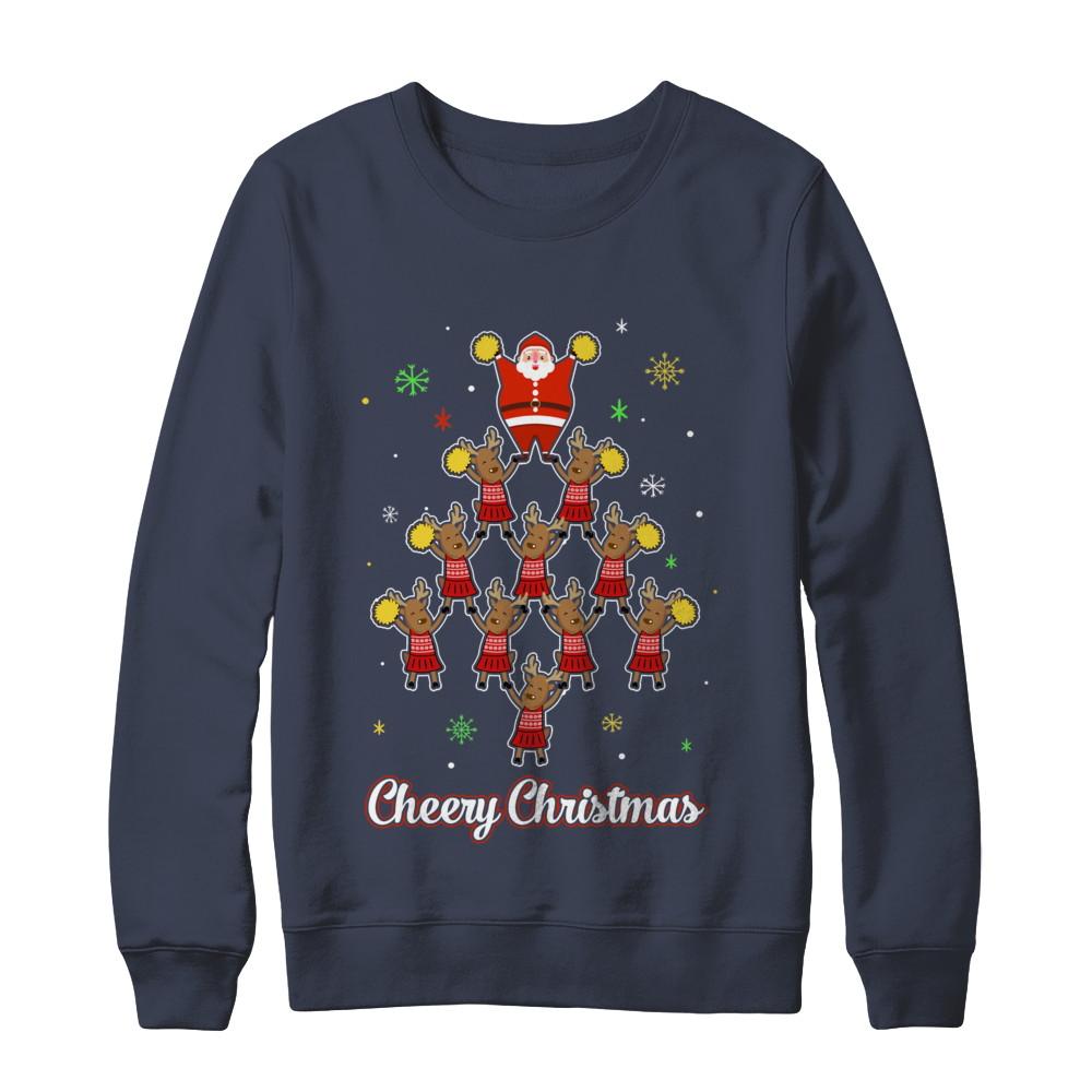Cheery Christmas Funny Reindeer Santa Claus Cheerleader-T-Shirt & Sweatshirt-Crewneck Sweatshirt-Navy