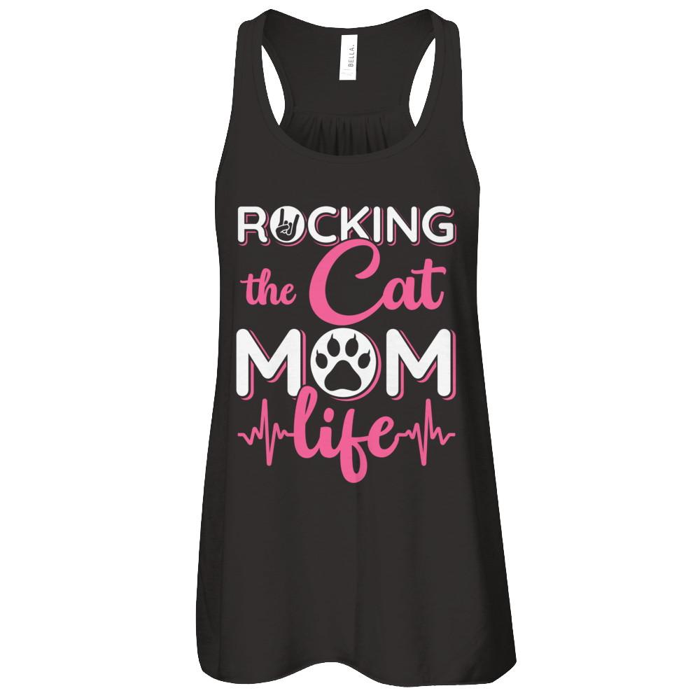 Rocking The Cat Mom Life-T-Shirt & Tank Top-Women's Flowy Racerback Tank-Black