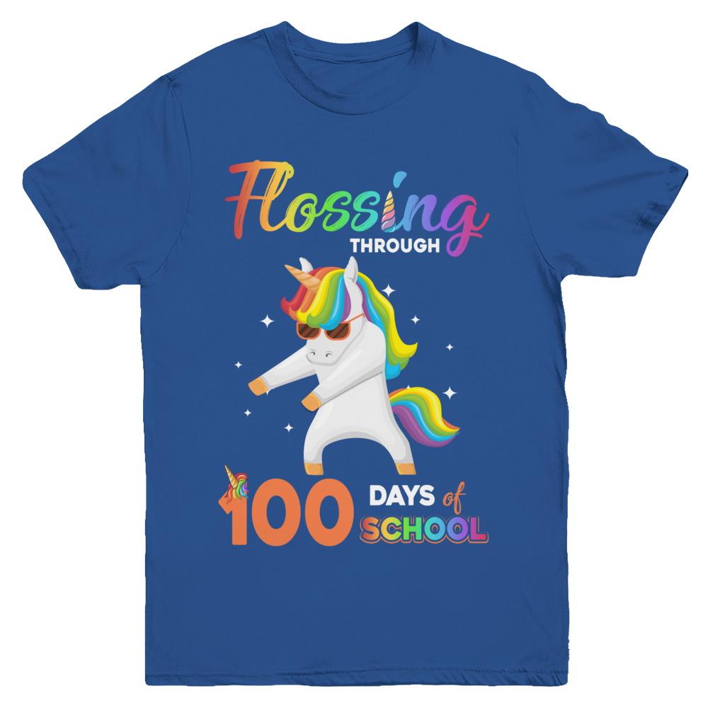 Flossing through 100 Days of School Unicorn Girl Youth-Youth Shirt-Youth T-Shirt-Royal