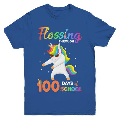 Flossing through 100 Days of School Unicorn Girl Youth-Youth Shirt-Youth T-Shirt-Royal