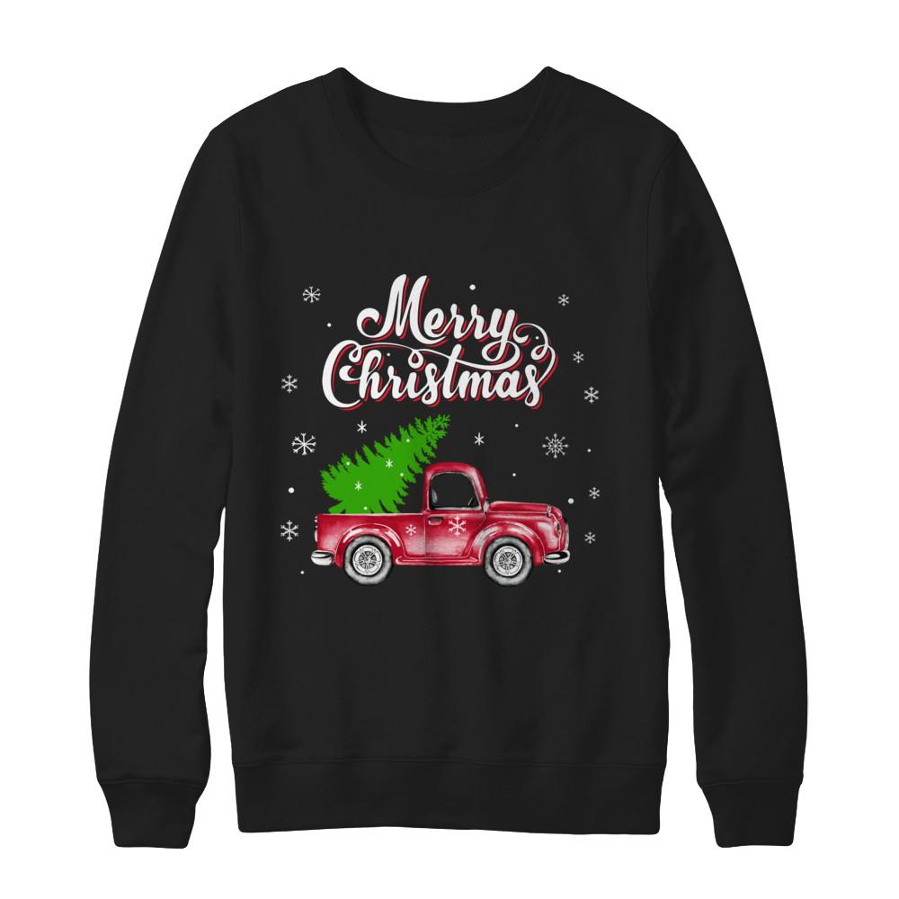 Snow Tree Truck Merry Christmas-T-Shirt & Sweatshirt-Crewneck Sweatshirt-Black