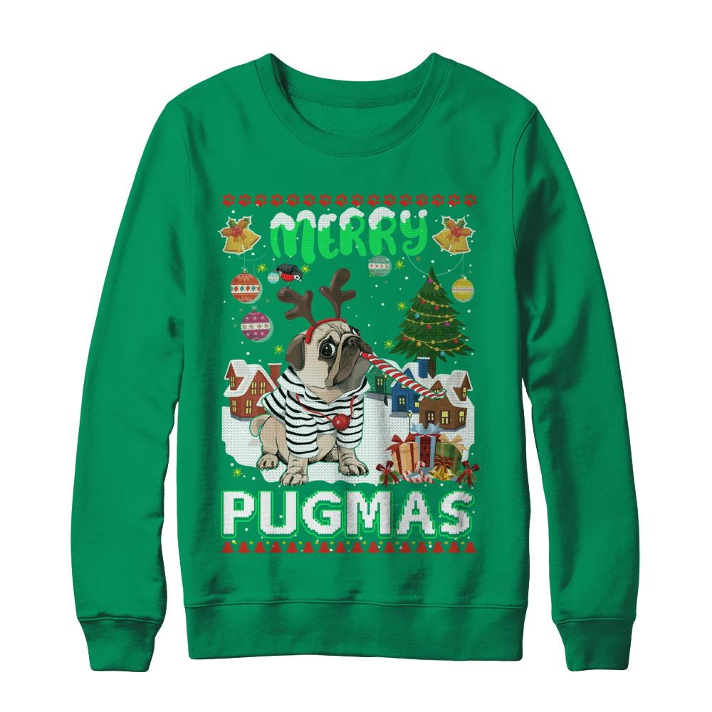 Cute Pug Christmas Merry Pugmas Ugly Sweater Christmas-T-Shirt & Sweatshirt-Crewneck Sweatshirt-Irish Green