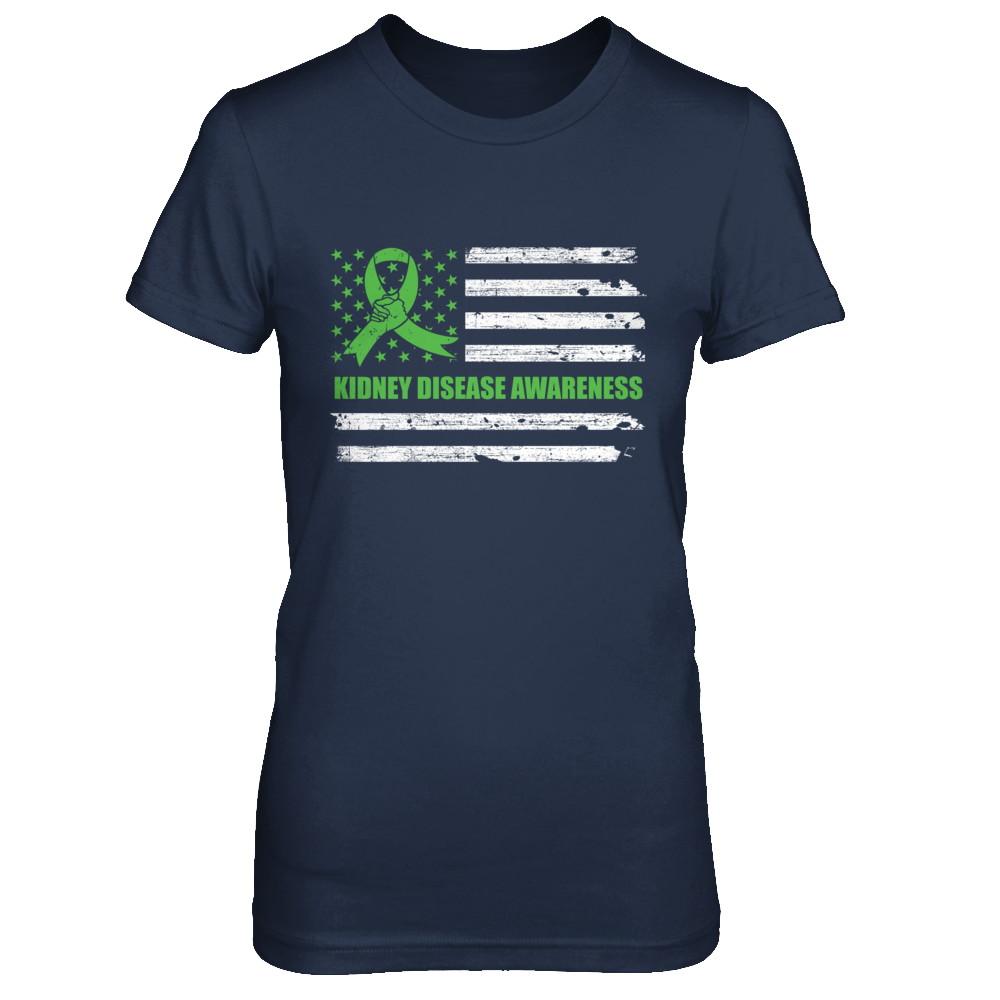 Green Ribbon Kidney Disease Awareness US Flag-T-Shirt & Hoodie-Women's T-Shirt-Navy
