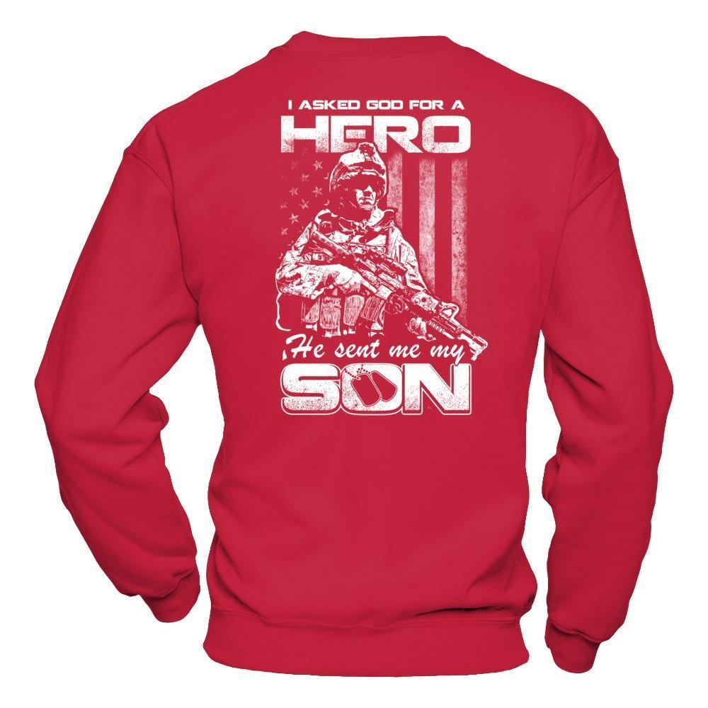 I Asked God For A Hero He Sent Me My Son-T-Shirt & Hoodie-Crewneck Sweatshirt-Red