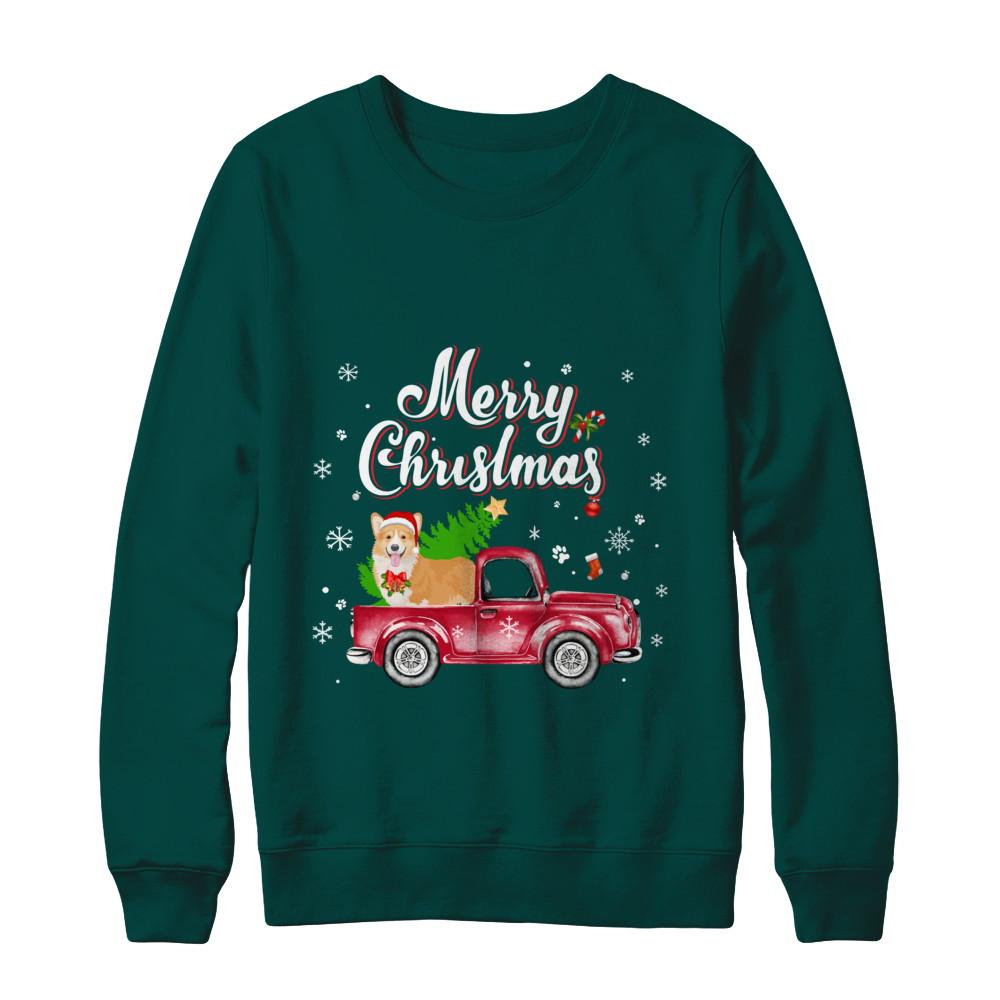 Corgi Retriever Rides Red Truck Christmas Pajama-T-Shirt & Sweatshirt-Crewneck Sweatshirt-Deep Forest