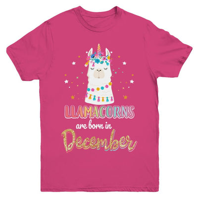 Llama Unicorn Llamacorns Born In December Birthday Gift Youth-Youth Shirt-Youth T-Shirt-Heliconia