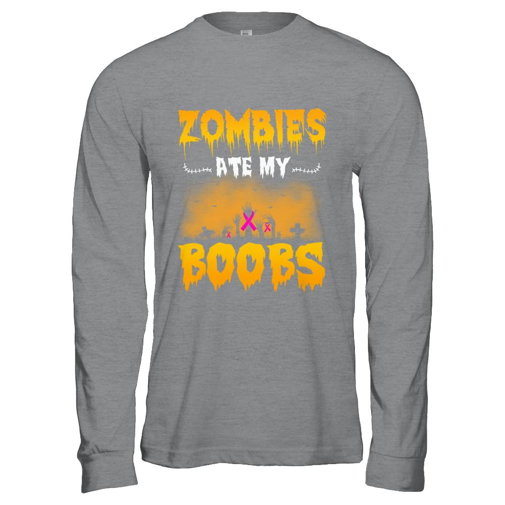 Zombies Ate My Boobs Breast Cancer Pink Halloween-T-Shirt & Hoodie-Long Sleeve T-Shirt-Sport Grey