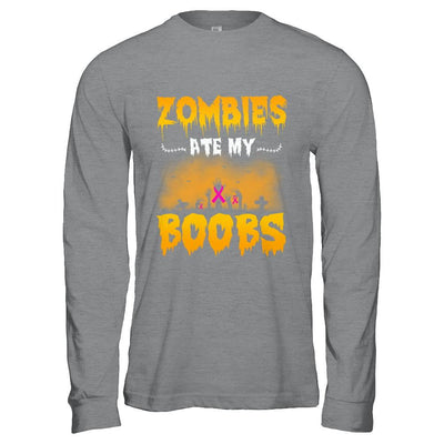 Zombies Ate My Boobs Breast Cancer Pink Halloween-T-Shirt & Hoodie-Long Sleeve T-Shirt-Sport Grey
